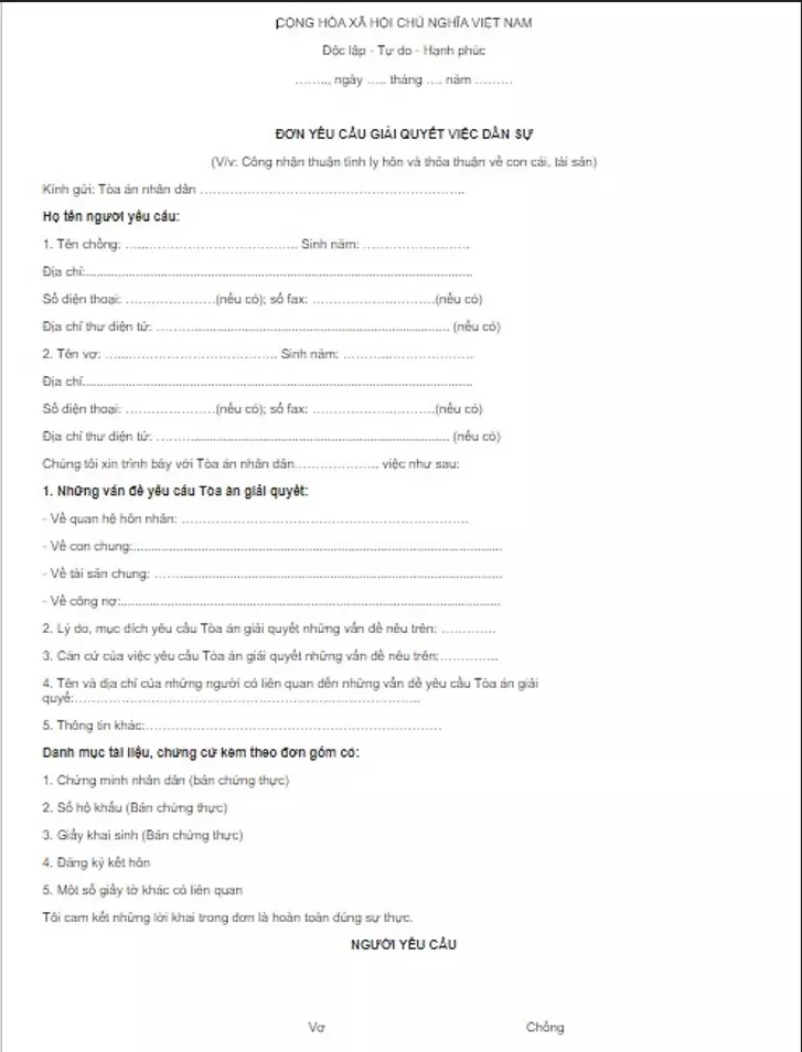Mẫu đơn ly hôn thuận tình ỏ Cẩm Lệ