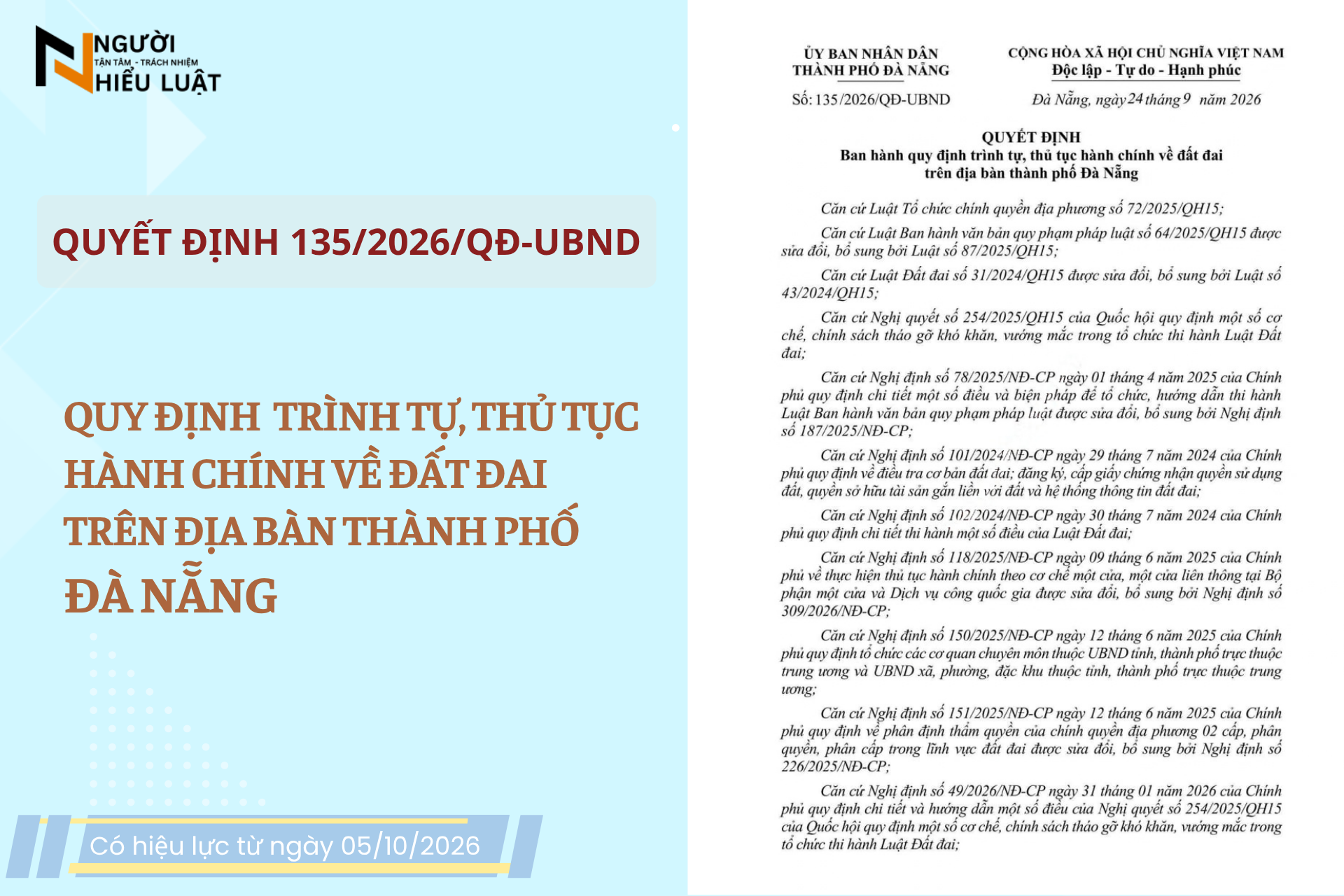 QUYẾT ĐỊNH 135/2026/QĐ-UBND: QUY ĐỊNH MỚI VỀ THỦ TỤC ĐẤT ĐAI TẠI ĐÀ NẴNG TỪ 05/10/2026