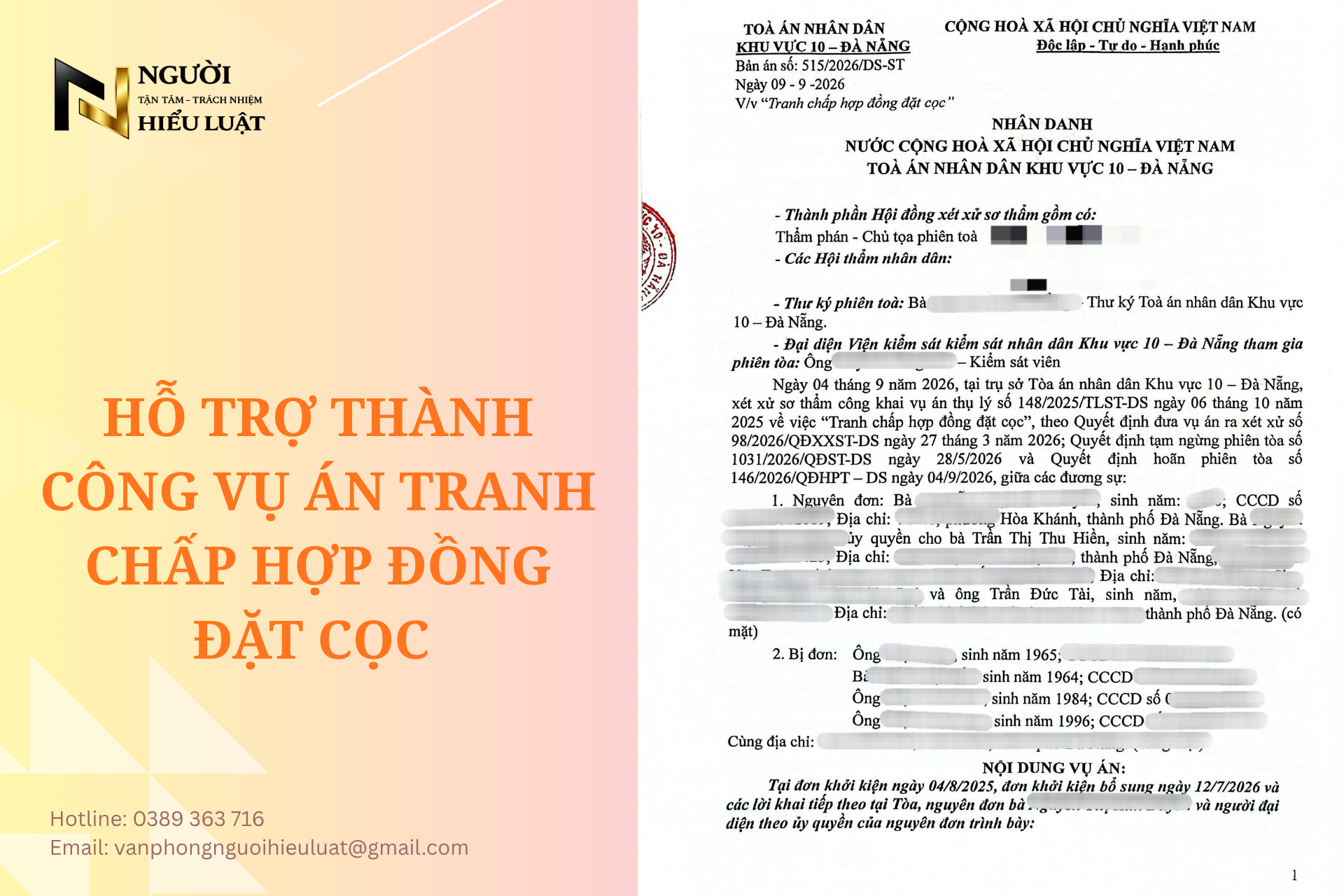 NGƯỜI HIỂU LUẬT HỖ TRỢ THÀNH CÔNG VỤ ÁN TRANH CHẤP HỢP ĐỒNG ĐẶT CỌC